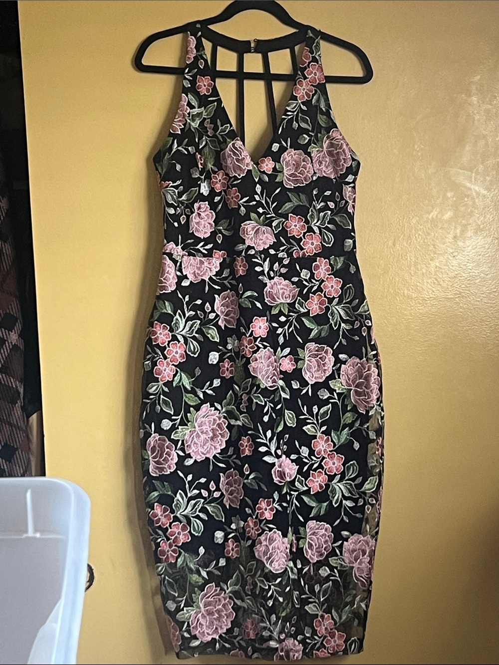 Guess Black Midi Dress with Pink Floral Embroidery
